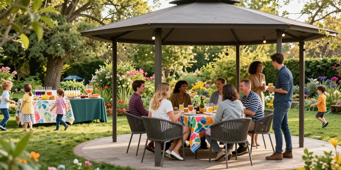 Joyful outdoor gathering showcasing stylish gazebo hire London in a vibrant garden setting.