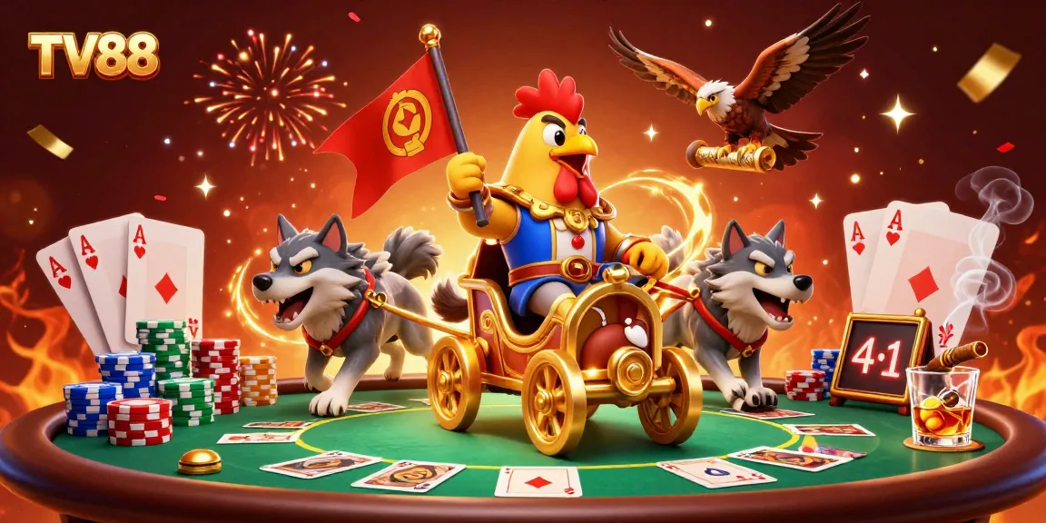 TV88 showcases a dynamic casino scene with a rooster warlord leading a vibrant poker game surrounded by chips, cards, and energy.