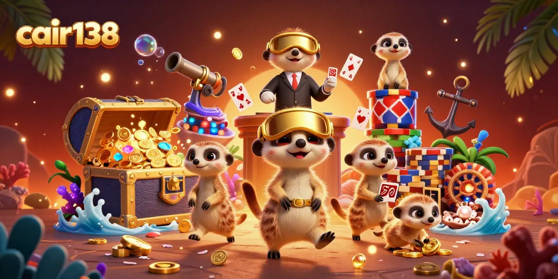 Cair138 showcases meerkats managing a vibrant casino with gold coins and dynamic game elements.