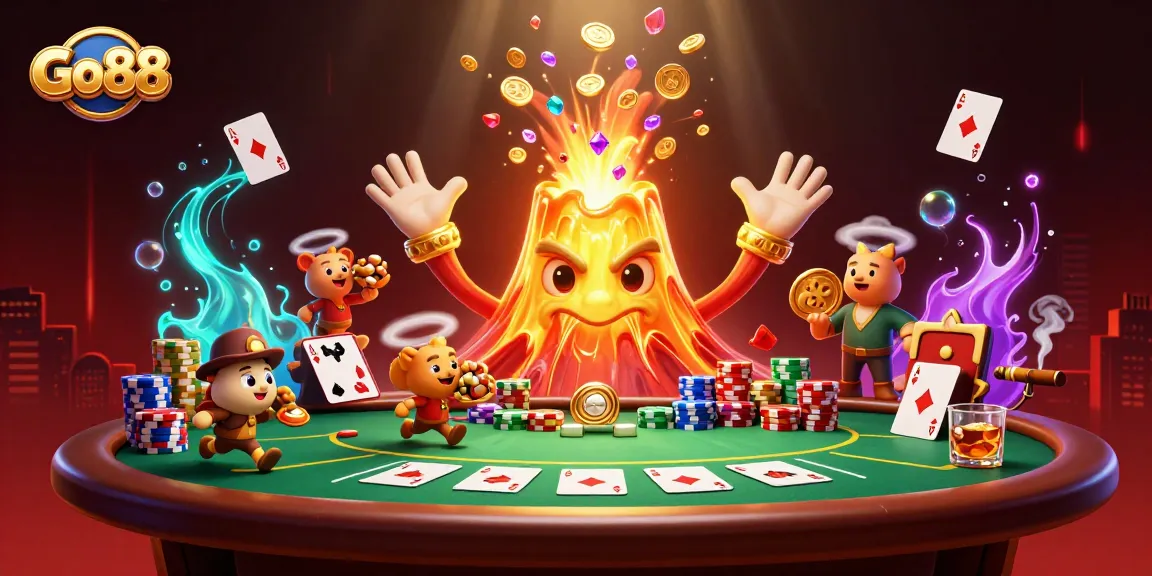 Experience the thrill of Go88 as a golden volcano erupts with treasures amidst a vibrant casino scene.