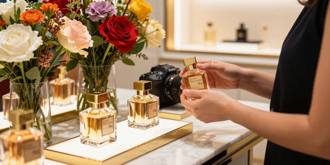 Maison Francis Kurkdjian (MFK) perfume display in an elegant boutique, showcasing luxury fragrances and floral arrangements.