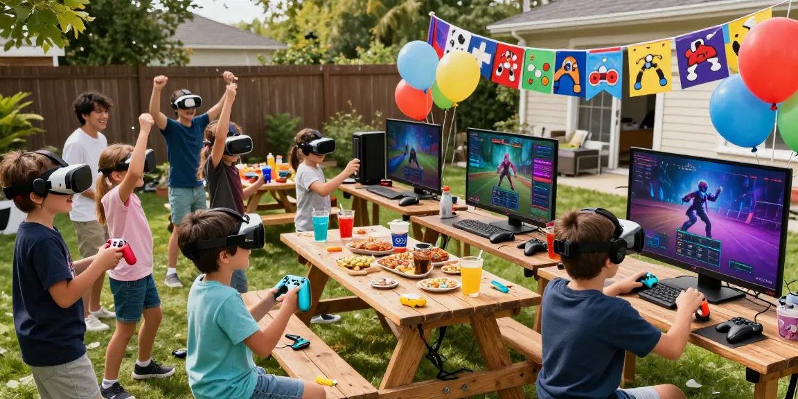 Exciting gaming party with kids engaging in video games and VR equipment during a vibrant birthday celebration.