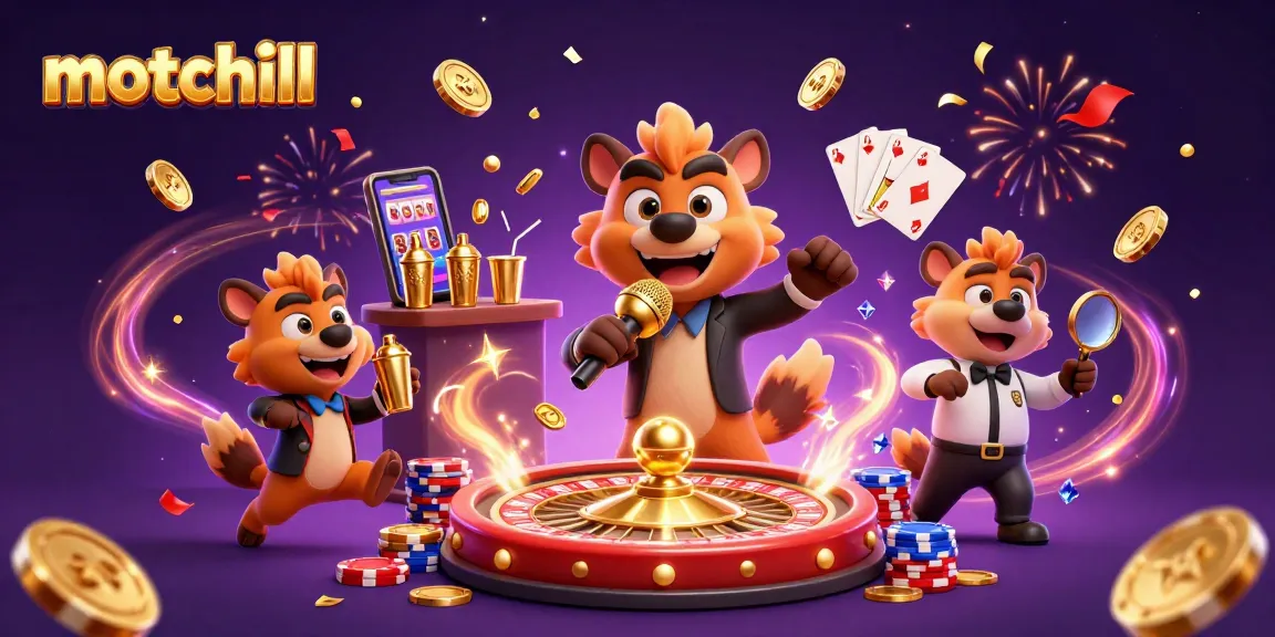 Experience the excitement of motchill's lively casino atmosphere with comedic hyenas and vibrant gaming elements.
