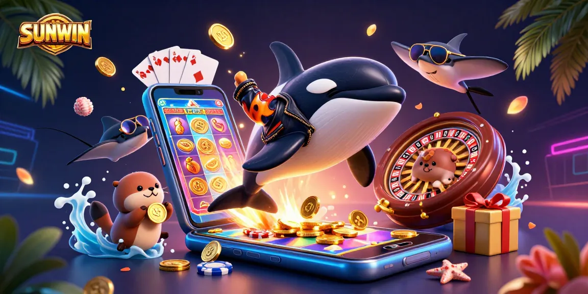 SUNWIN showcases vibrant casino excitement with an orca, stingray, and otters celebrating wins.