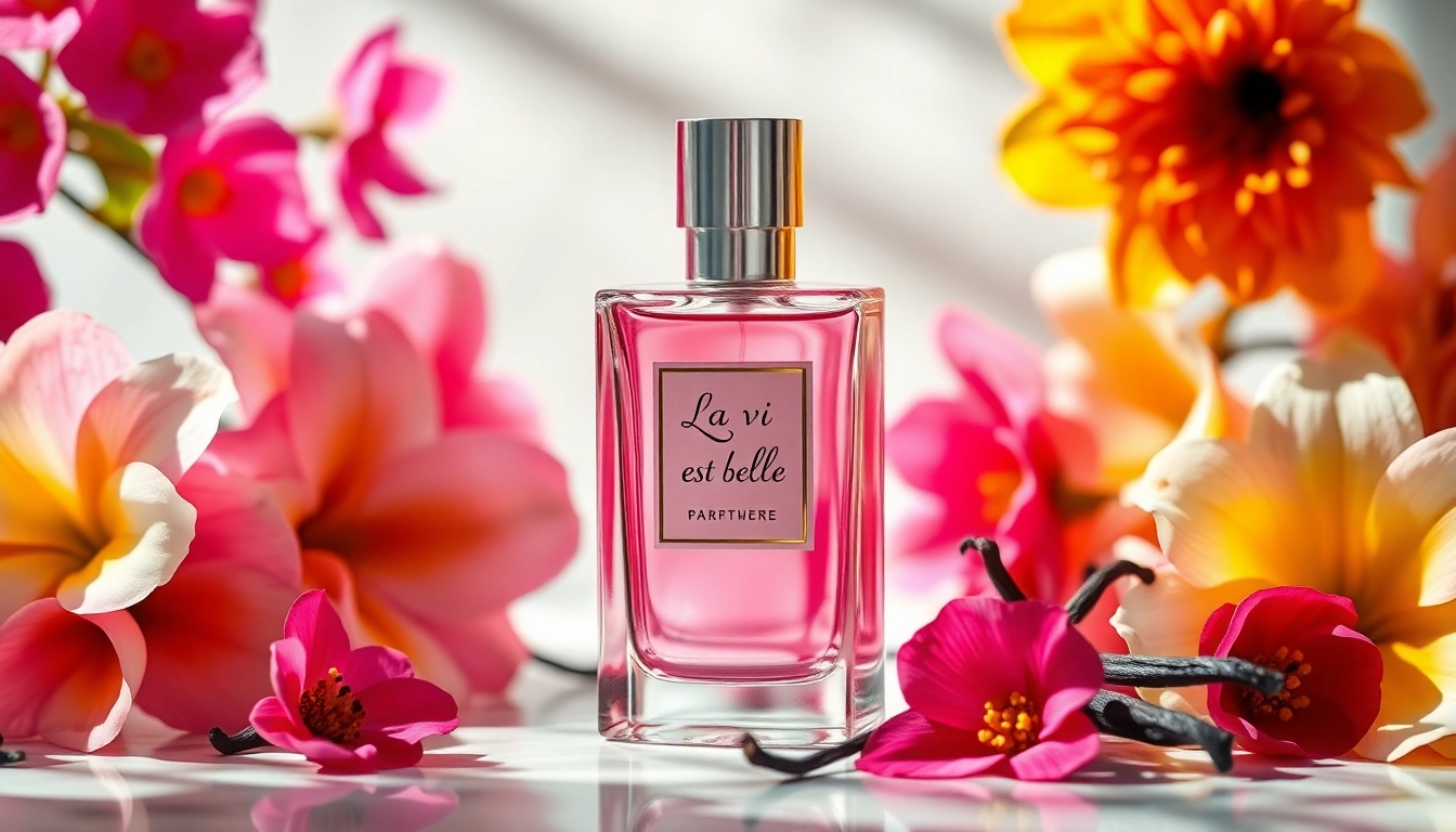 Admire the La vi est belle perfume showcased with flowers and vanilla, offering elegance.