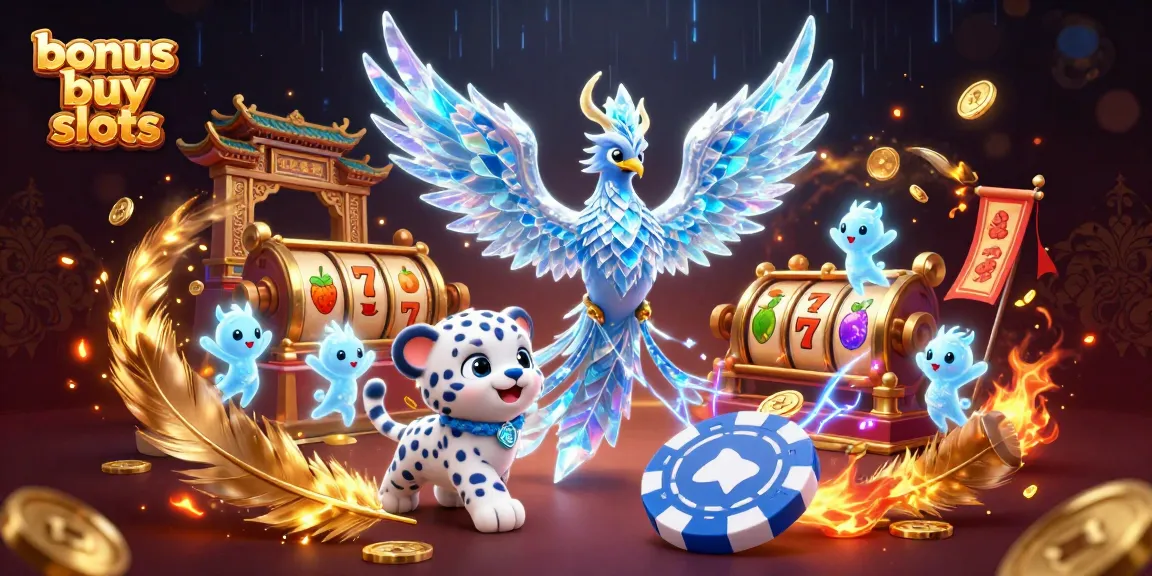 Engage with bonus buy slots in a vibrant casino scene featuring an ice phoenix and playful elements.