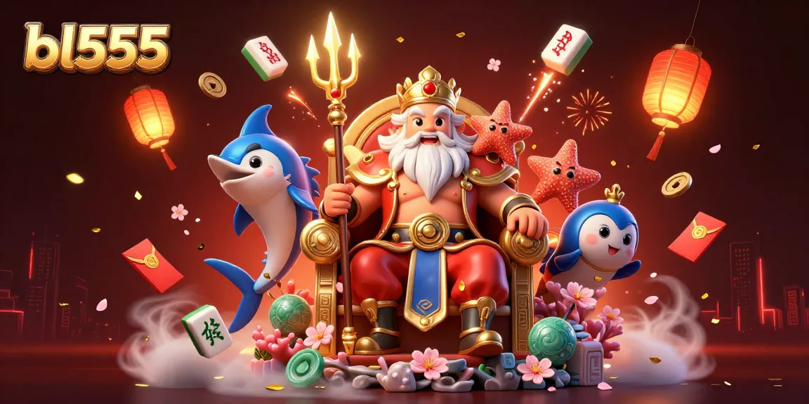 Engage with bl555 in a vibrant 3D casino scene featuring Neptune, samurai, and festive elements.