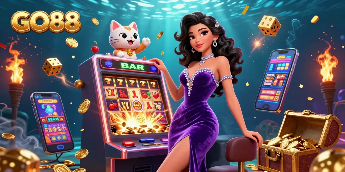 Experience the thrilling rewards at GO88 with a vibrant slot machine jackpot scene featuring unique casino characters.
