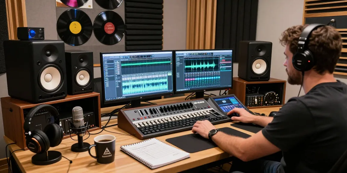 Professional audio studio scene showcasing sound engineer working with ia +18 equipment amidst vibrant surroundings.