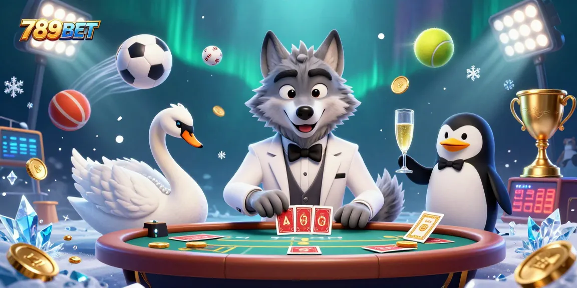 Enjoying a dynamic baccarat scene with 789BET featuring a debonair wolf, elegant swan, and penguin sommelier.