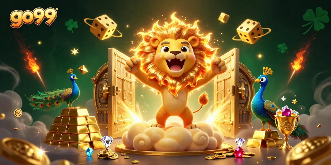Engage in thrilling games at go99 with a roaring lion, golden treasures, and vibrant casino elements.