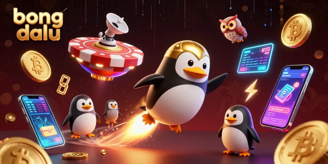 Bong da lu showcases a golden penguin soaring to a casino space station surrounded by cryptocurrency elements.