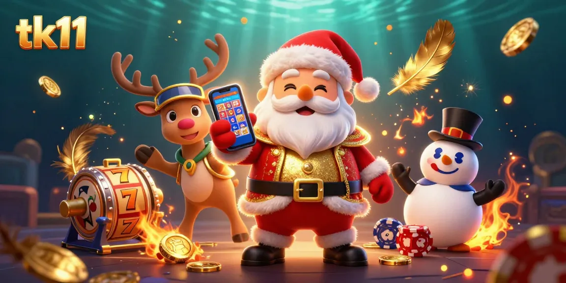 Spin the reels and win at tk11 with Santa, his reindeer, and a snowman in a lively casino scene.