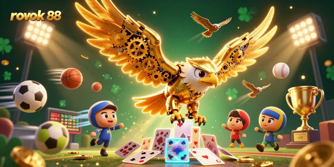 Experience the thrill of rokok 88 with a dynamic 3D scene of a golden eagle interacting with gambling elements.