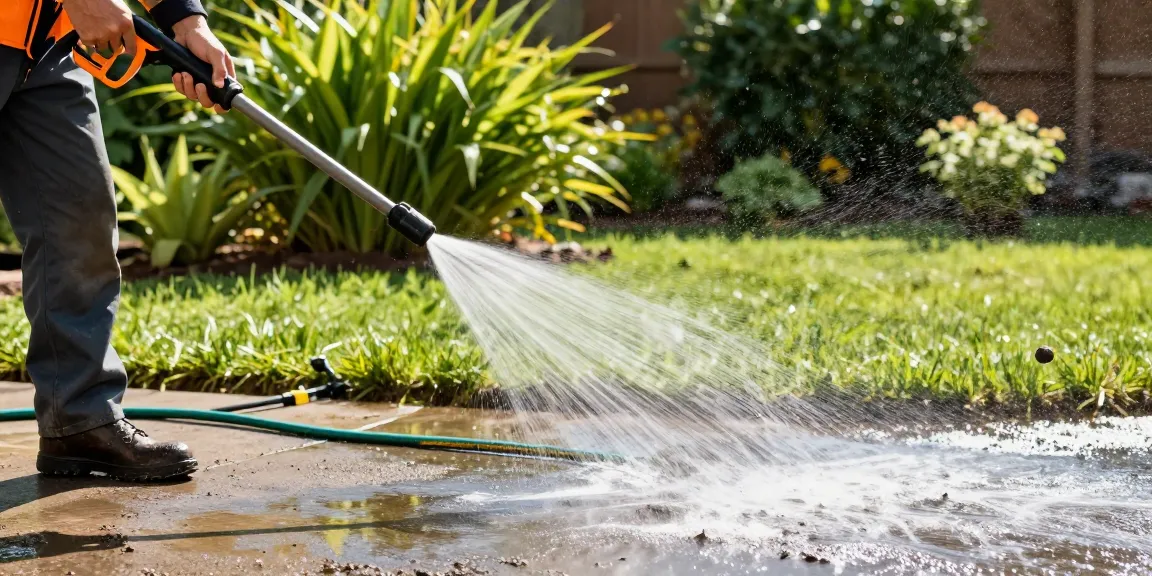 DeWalt jet wash powerfully cleaning a driveway outdoors, highlighting effectiveness and ease of use.