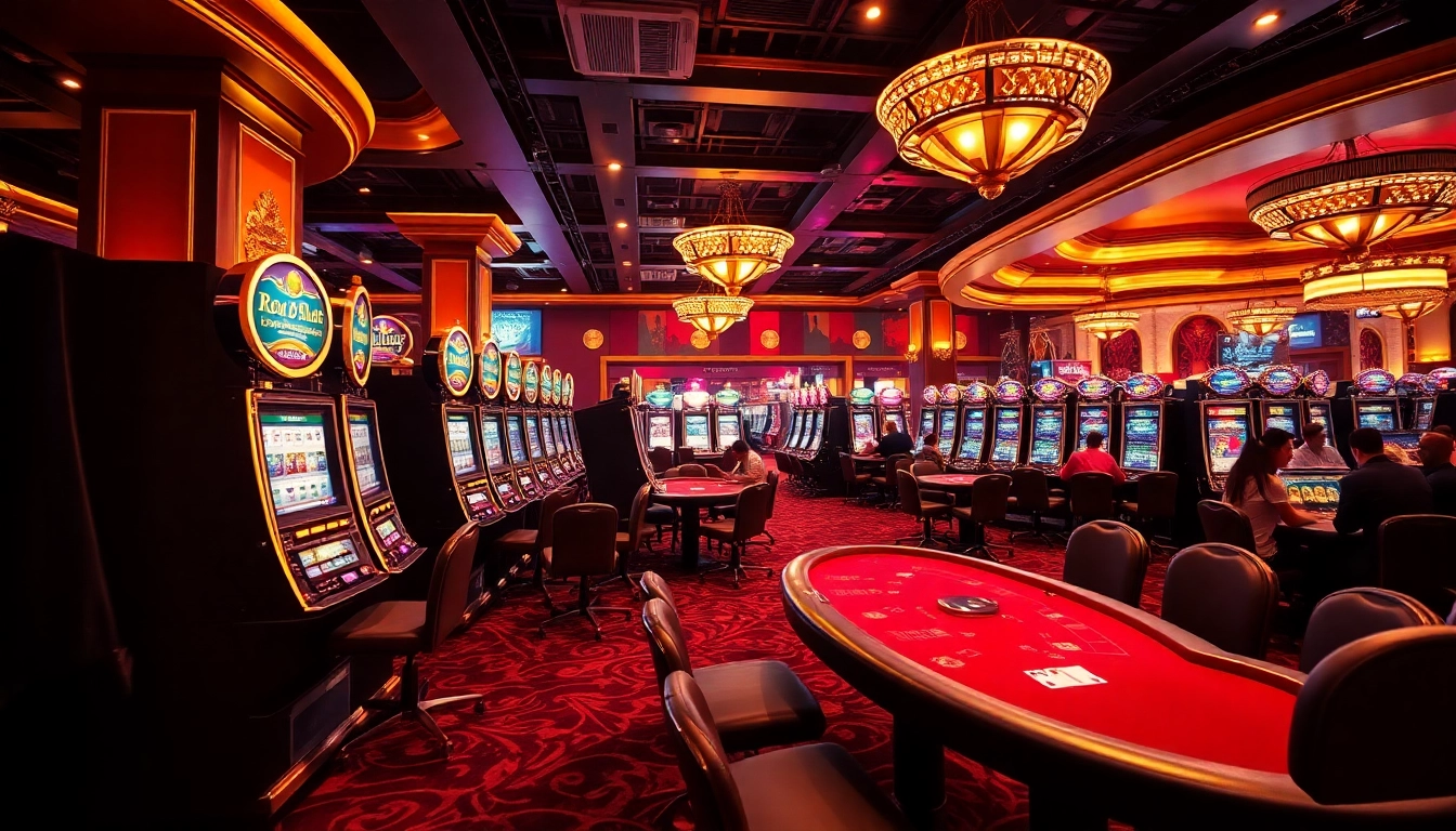 Menampilkan situs pgbet di kasino dengan mesin slot dan pemain yang bersemangat.