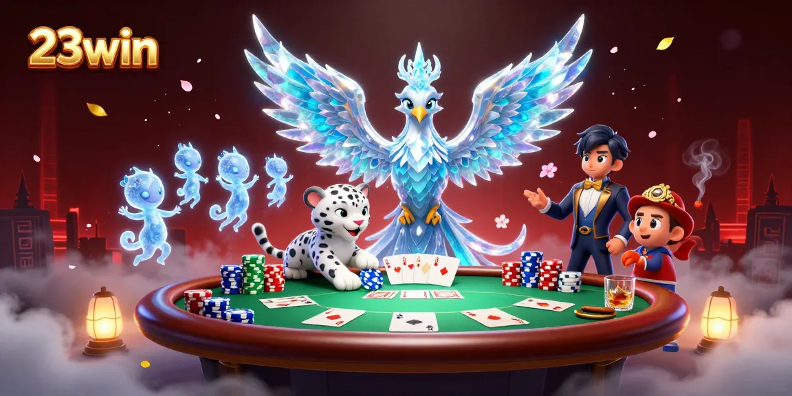 Experience the excitement of 23win with vibrant casino action, showcasing unique characters and poker elements.