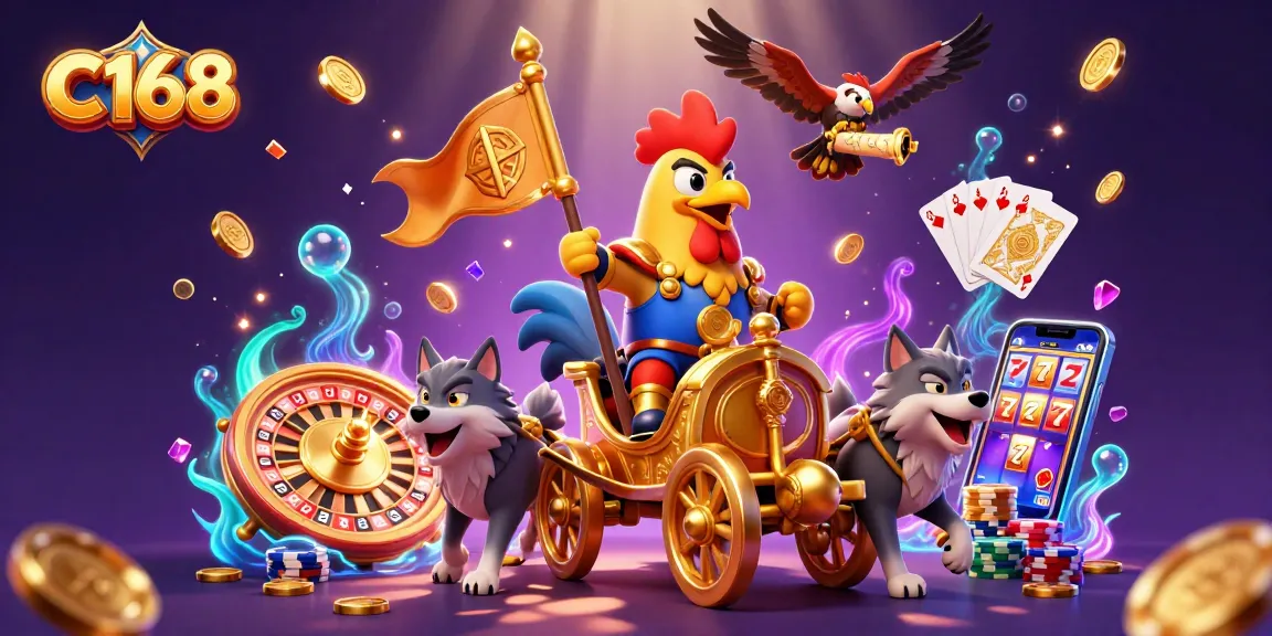 C168 players accessing thrilling casino games with golden coins cascading and vibrant gaming elements