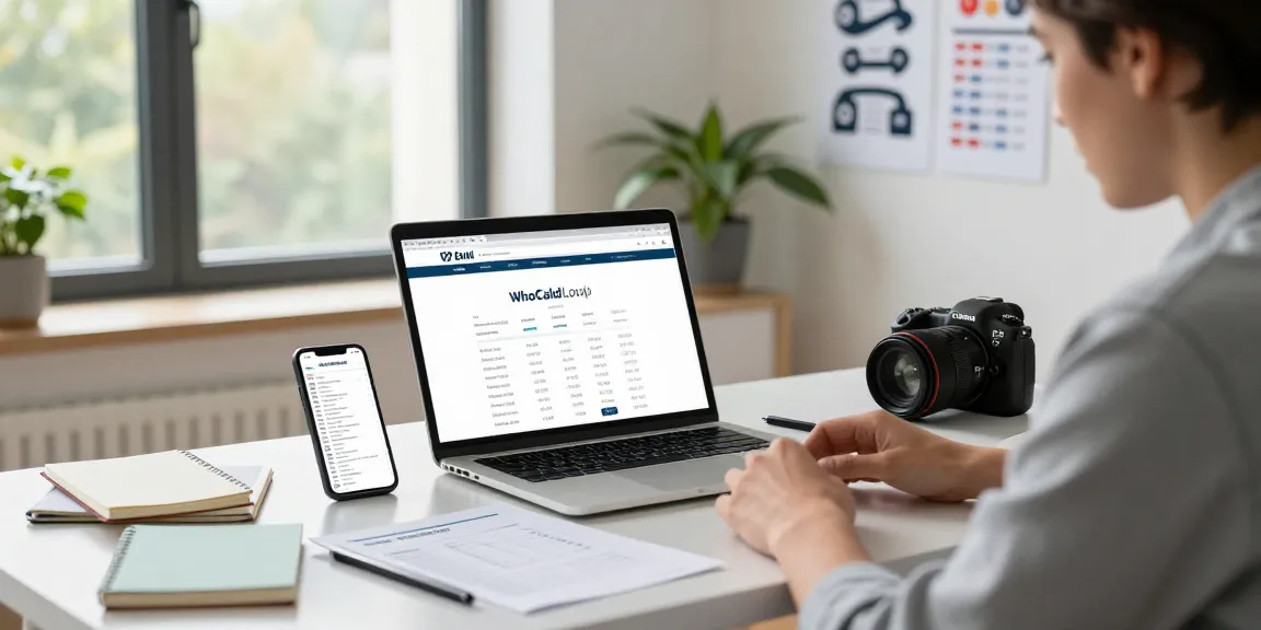 Discover whose telephone number is this UK with a modern reverse phone lookup setup in a bright home office.