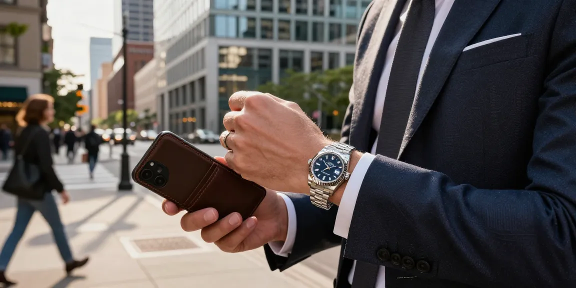 Luxury lifestyle featuring an elegant person showcasing a rolex replica watch in an urban setting with modern architecture.
