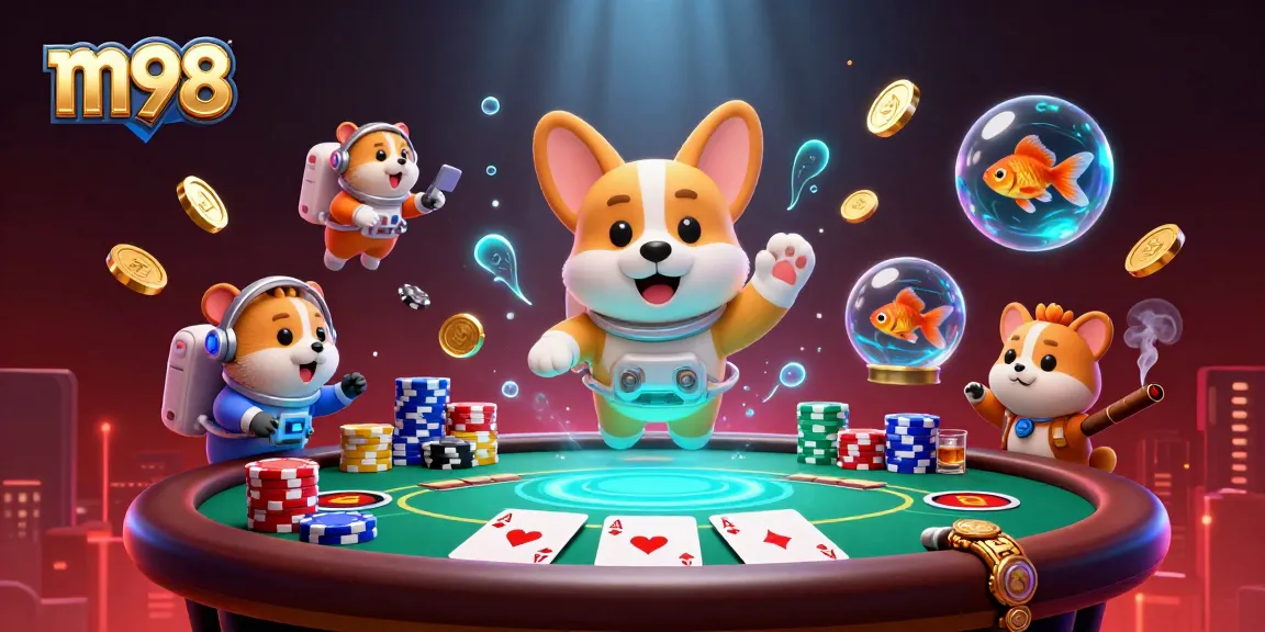 Experience thrilling gameplay in m98's space-themed casino with floating chips and dynamic characters.