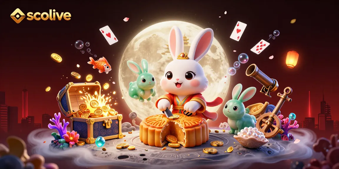 Experience socolive's vibrant online gaming scene with the moon rabbit and poker chips bursting with excitement.