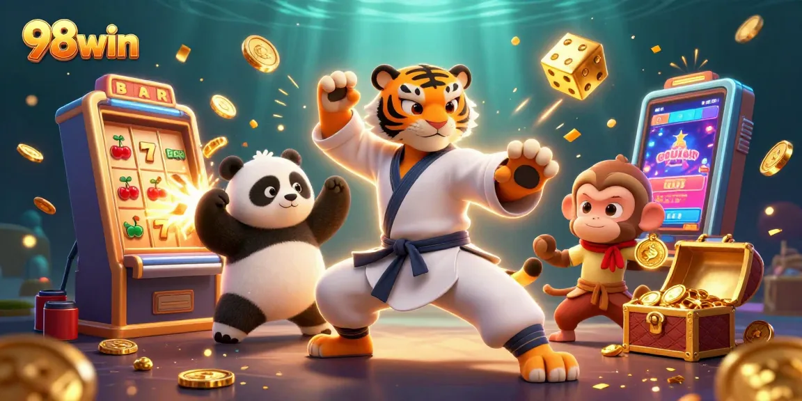Experience the thrill with 98win as the cartoon kung fu characters celebrate a jackpot in a dazzling casino scene.