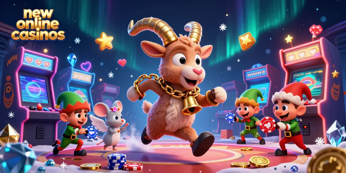 Experience new online casinos with a festive Krampus goat and playful elf gremlins in a vibrant casino setting.