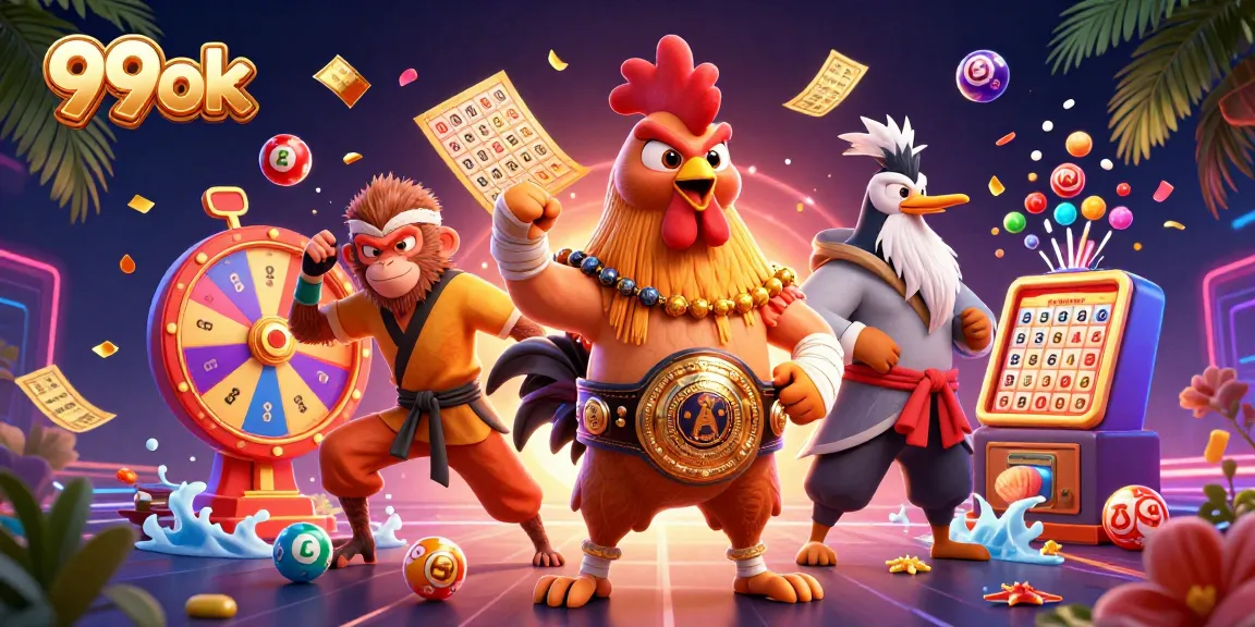 Engage with vibrant lottery elements at 99ok: A captivating 3D casino scene featuring dynamic characters and festive symbols.