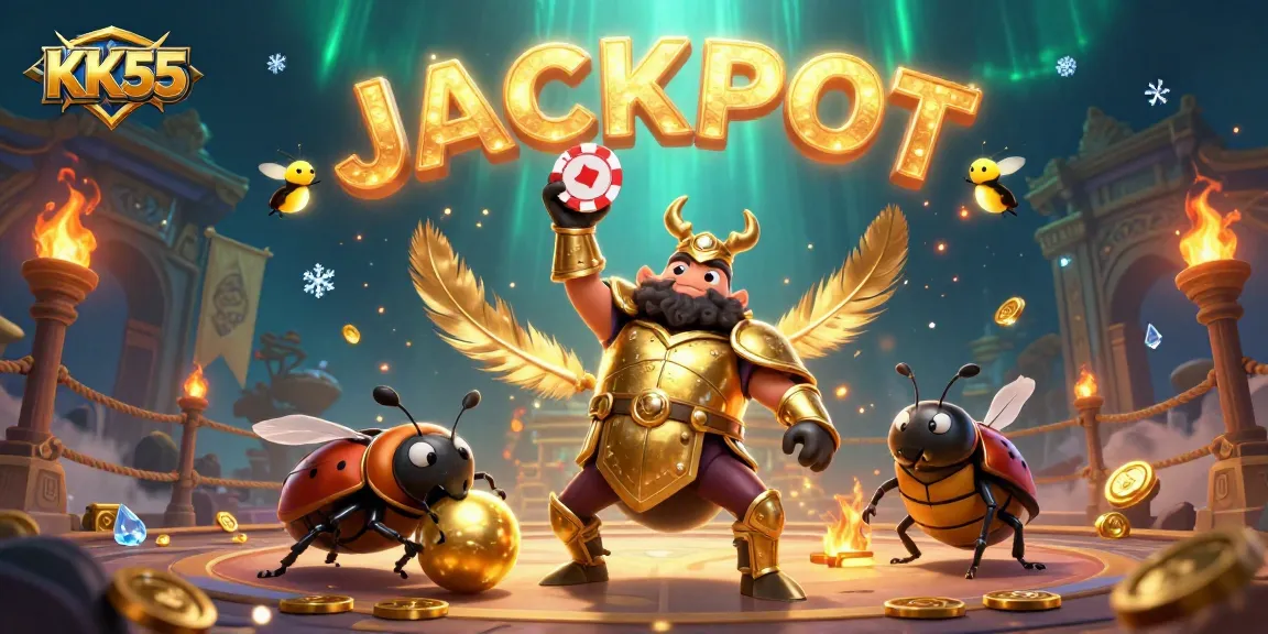 KK55 showcases a 3D beetle champion lifting a poker chip in a vibrant casino scene.