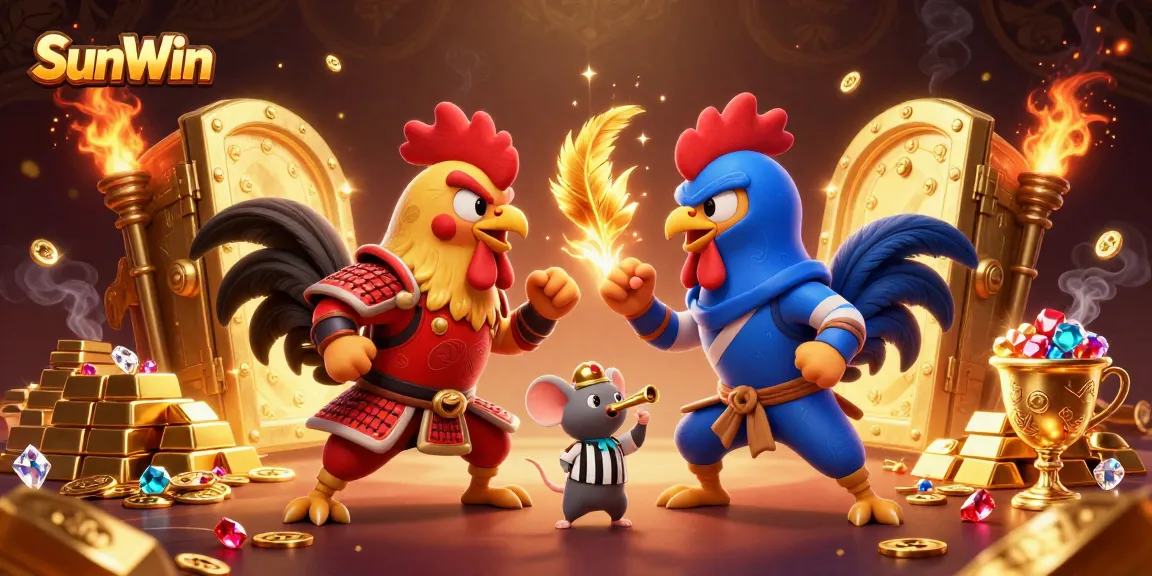 Engage with thrilling action at SunWin as cartoon roosters battle amidst gold and gems.