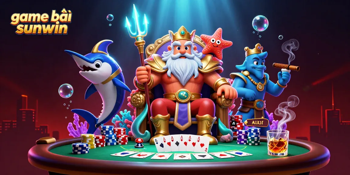 Play game bài sunwin with vibrant casino characters amidst colorful poker elements and thrilling ambiance.