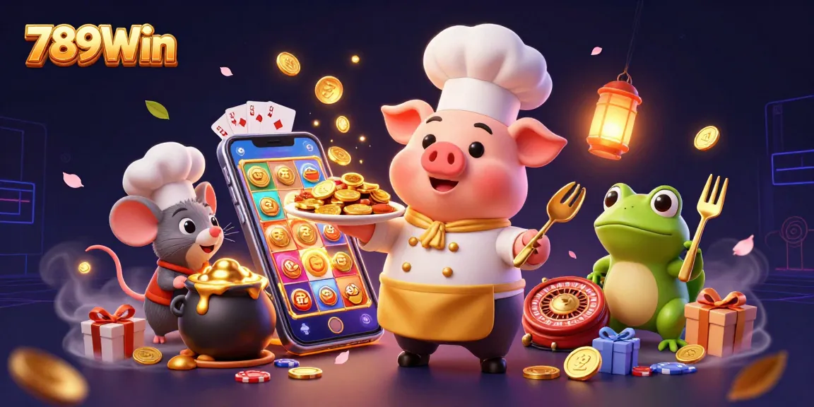 Join the fun at 789Win's vibrant online casino scene featuring a chef pig, gold coins, and colorful slot games.