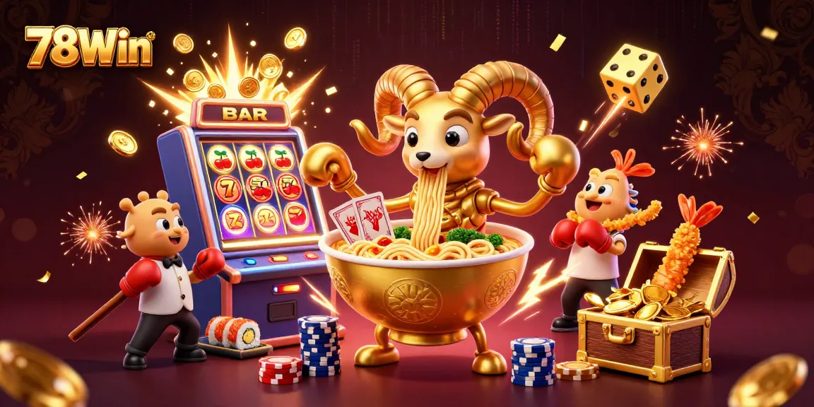 Experience thrilling gaming action with 78Win's interactive casino features in a vibrant, cartoon-styled illustration.