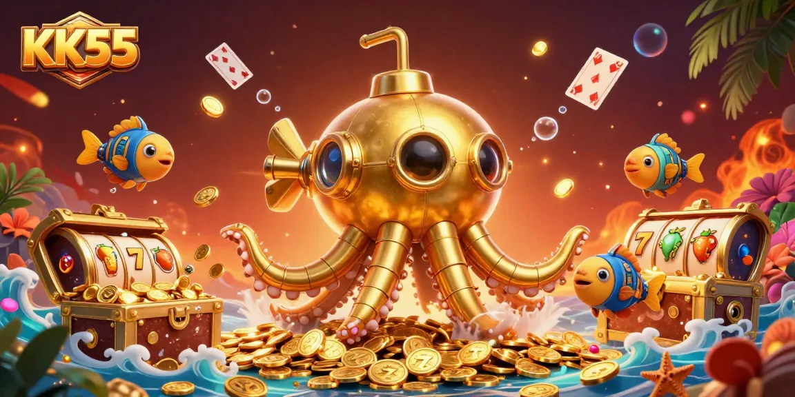 Experience thrilling action at KK55 with a dynamic 3D illustration of a golden kraken submarine in a sea of treasure.