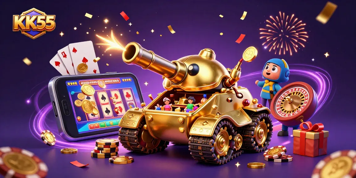 Experience the vibrant casino atmosphere with KK55's golden beetle tank and dynamic gaming elements.